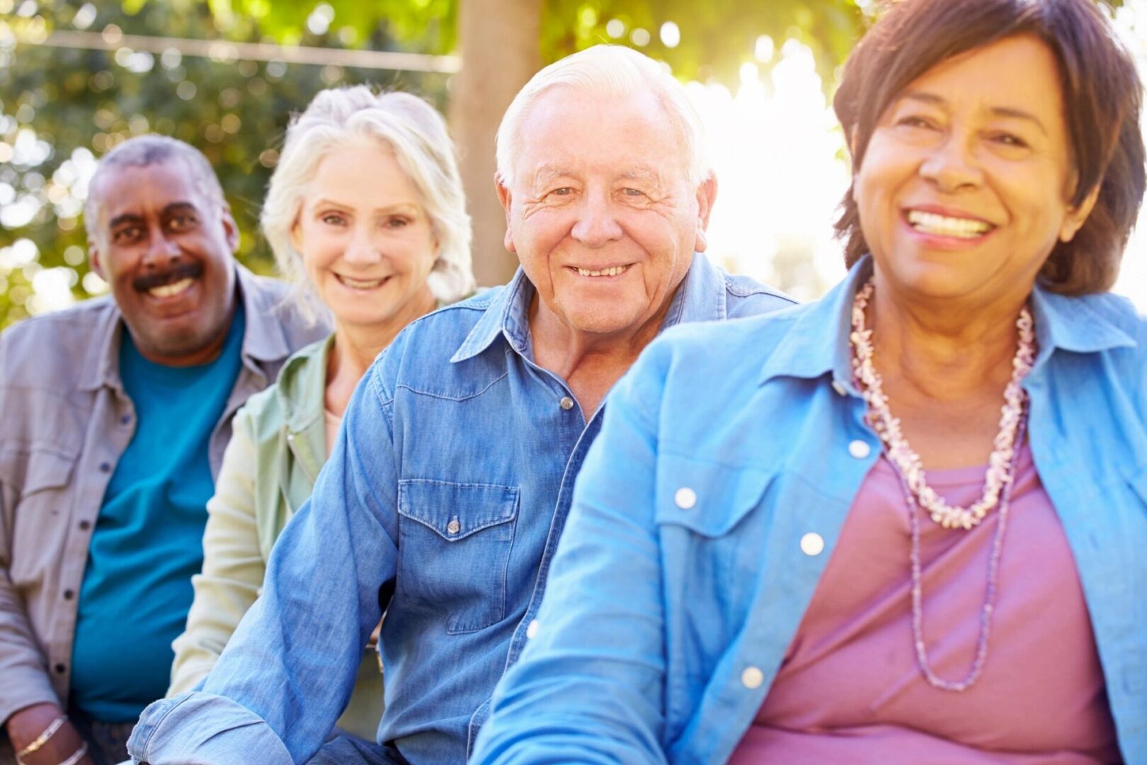 A diverse group of smiling seniors outdoors enjoying a sunny day.